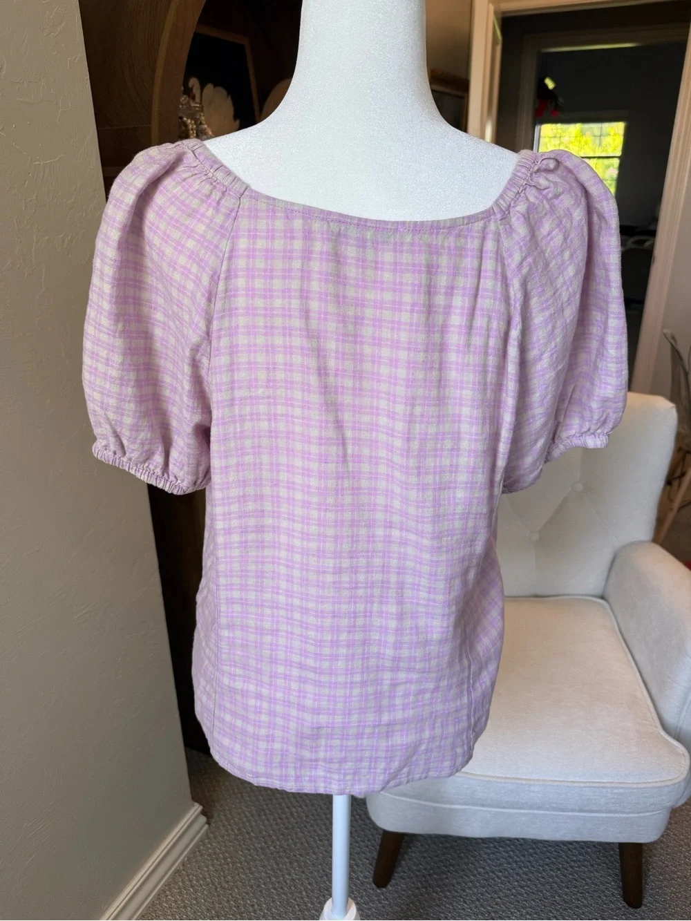 Madewell Linen Lavender Gingham Puff Sleeve Blouse Size L